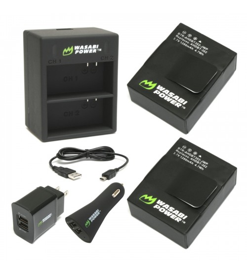 Wasabi Power Dual Charger with Two Batteries With Car And Wolrd Plugs for GoPro HERO4